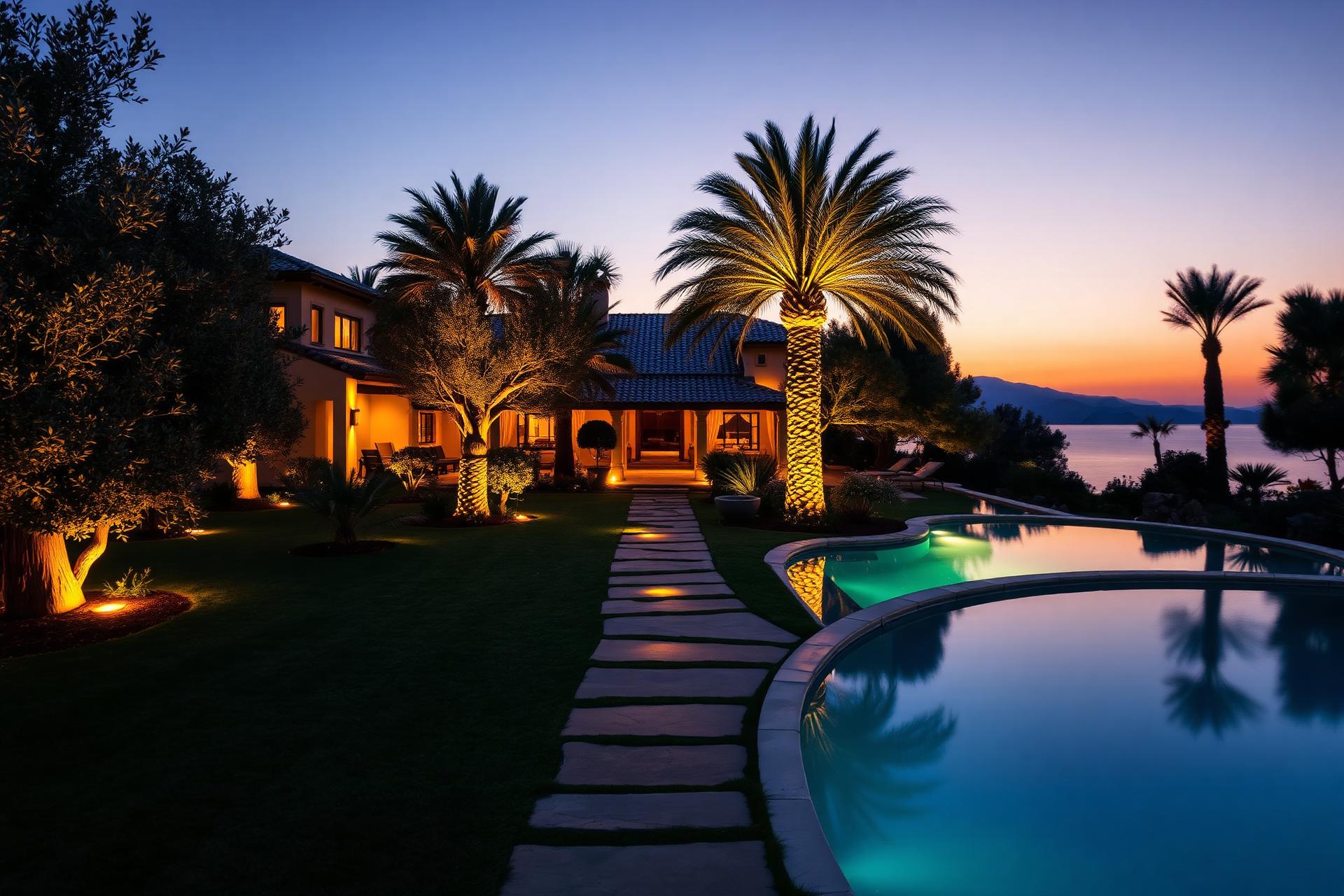 Illuminated Mediterranean villa garden at dusk in Mallorca